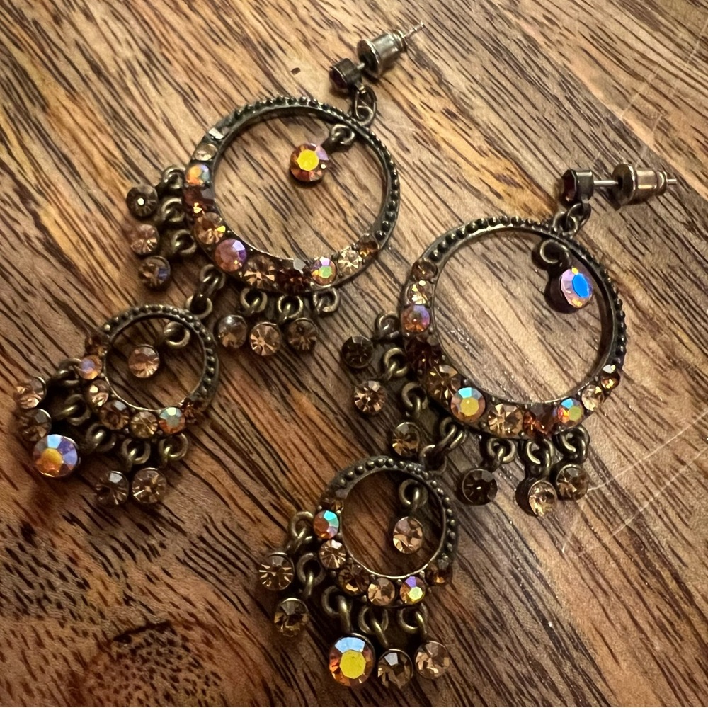 Bronze Boho Crystal Rhinestone Chandelier Drop Earrings - Picture 6 of 15